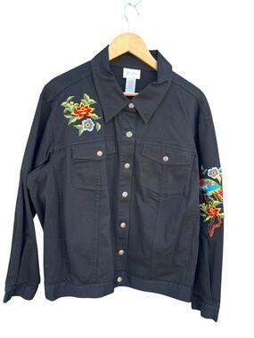Yi Lin Women's Shirt Flower Peacock Embroidered Button Up Black Plus Size 2X